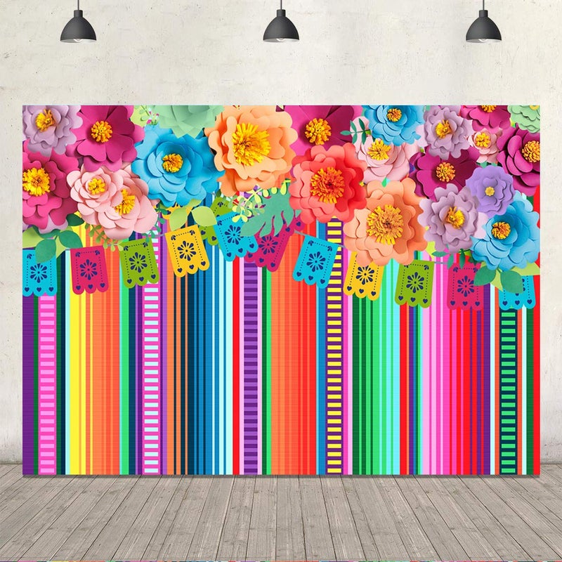 Ticuenicoa 7x5ft Mexican Fiesta Backdrop Photobooth Flowers Fiesta Background Drop Cinco De Mayo Backdrop for Pictures Floral Stripes Flags Birthday Party Mexican Party Decoration Photo Booth Props - Image 4